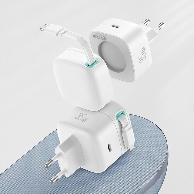 USAMS PD35W Dual Output GaN Charger With Usb c Cable Magnetic Retractable Type-c Cable Fast Charger