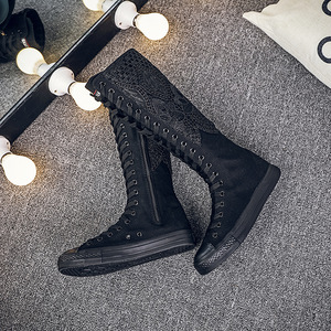 Bottes longues en dentelle, chaussures en toile, bottes plates pour femmes, fermeture éclair latérale, bottes hautes jusqu'au genou, chaussures de danse confortables pour adultes, tendance automne-<span class=keywords><strong>hiver</strong></span> - Product Image 5