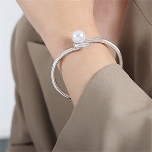 Minimalist Jewelry <b>Gold</b> Plated Stainless Steel <b>Adjustable</b> Pearl Charm Cuff Bangle <b>Bracelet</b> - Product Image 5