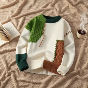 Pull en laine et polyester jacquard patchwork pour homme, tricot ample, lavable en machine, tendance pour l'hiver - Product Image 4