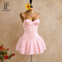 Robe de soirée mini en tulle rose personnalisée pour femme, style corset, bretelles spaghetti, dos lacé, volants superposés, OEM ODM