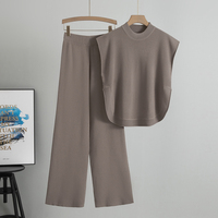 Ensemble 2 pièces de luxe pour femme, nouvelle collection été, personnalisable en gros : débardeur tricoté sans manches couleur unie et pantalon long large