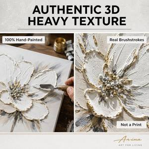 <span class=keywords><strong>Quadri</strong></span> su Tela 3D con Fiori Testurizzati, Dipinti Floreali Bianchi con Accenti Dorati, Decorazione Moderna Incorniciata - Product Image 5