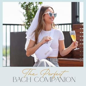 Cadeaux pour future mariée : Sac banane en nylon blanc résistant à l'eau avec fermeture éclair et gobelet à vin isotherme en acier inoxydable de 12 oz avec couvercle - Product Image 3