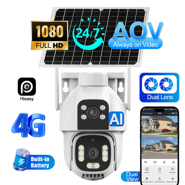 AOV 4G Solar Dual Lens 2MP Outdoor Security PTZ Camera Low Power PTZ Full Color Night Vision Waterproof Panel Camera