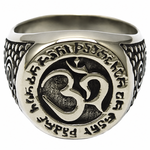<span class=keywords><strong>Bague</strong></span> signet vintage en <span class=keywords><strong>acier</strong></span> inoxydable plaqué or, gravée du mantra Om Mani Padme Hum, élégante <span class=keywords><strong>bague</strong></span> signet - Product Image 1