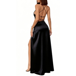 เดรสยาวสายเดี่ยวผ้าซาตินสำหรับผู้หญิง - ชุดราตรีเปิดหลังทรงวีลึกสุดหรูพร้อมดีไซน์ผ่าข้าง แฟชั่นทันสมัย - Product Image 2