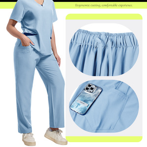 Women <b>Scrub</b> <b>Set</b> Short Sleeve Light Blue V Neck Moisture Wicking Hospital Uniforms Split <b>Set</b> For Medical Staff - Product Image 2