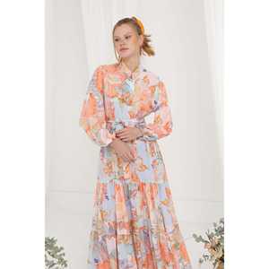 เดรสยาวพิมพ์ลายดอกไม้ คอจีน ทรงเอไลน์ ผ้าชีฟองสีส้ม ระบายอากาศได้ดี สำหรับผู้หญิง - Product Image 1