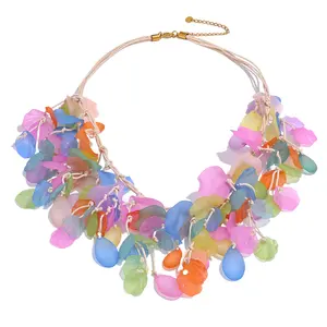 JINYOU 977 Colorful Resin Petals Drop Bib Y2K Necklace Summer 2023 Fashion Trendy Stainless Steel Handmade Beach Holiday Jewelry