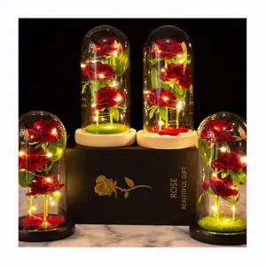 新款创意玻璃罩永恒花礼品装饰三个仿真玫瑰发光二极管灯圣诞瓦伦丁节日灯