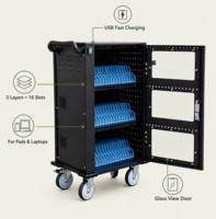 Armoire de charge rapide USB électrique noire à 3 niveaux et 48 baies avec porte en verre pour le rangement et la charge d'ordinateurs portables et de tablettes, chariot de charge