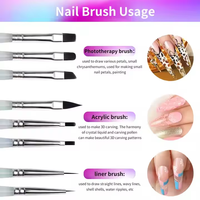 Ensemble de 8 pinceaux professionnels de haute qualité pour nail art, avec manche en acrylique coloré et poils en nylon, pour la peinture et le gel.
