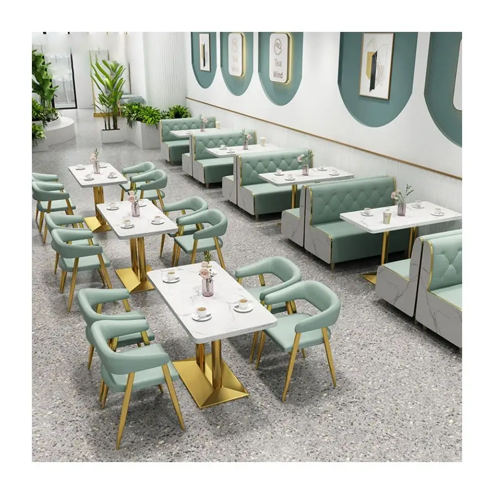 Venta al por mayor moderno restaurante muebles conjuntos cafetería comida rápida cabina asiento sofá Metal comedor mesas y sillas conjunto