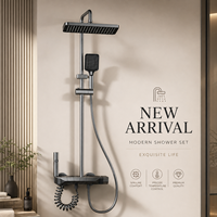 Ensemble de douche pluie gris anthracite avec touches de style piano, robinets thermostatiques, jet doux, bec inférieur et barre coulissante pour douchette à main en aluminium