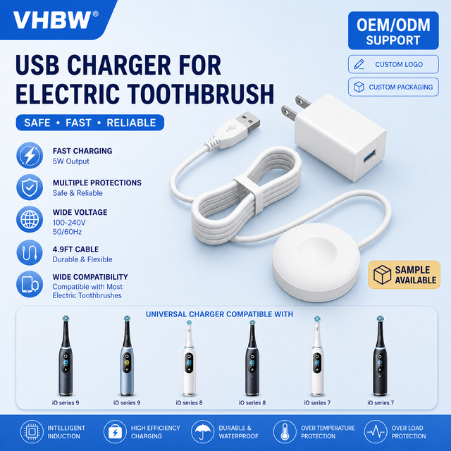 VHBW USB Electric Toothbrush Charger Replacement Charging Base PC Fireproof Material 5W Output Fast Charging for IO Series 7/8/9