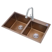 Évier de cuisine rectangulaire en acier inoxydable à double bac, sur mesure, moderne, doré, Liangshun W-8045HB, avec robinet à deux trous, 3