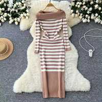 Robe décontractée printemps-automne pour femme, style chic, épaules dénudées, manches longues, rayures contrastées, robe en tricot élégante pour femme