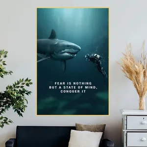 Venta al por mayor tiburón colorear imagen-Pintura en lienzo de "Fear is nothing", dibujo de tiburón, letras impresas en lienzo, pinturas para pared, decoración del hogar