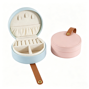 Round Leather Jewelry <b>Box</b> Organizer with Lids Solid Color Portable Storage Case for Necklaces Rings <b>Earrings</b> - Product Image 2