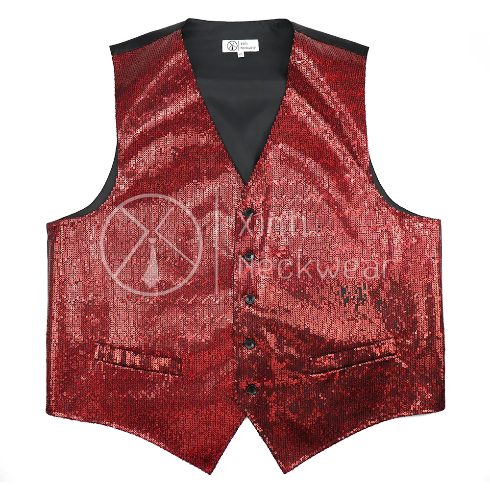 Chinese Factory Burgundy Red Customization Polyester Woven Solid Sequin Men Waistcoat Party Wear