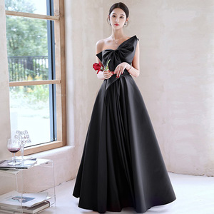 European American Style Black Evening Dress One Shoulder Long Skirt Satin Elegant Wedding Banquet Dress - Product Image 1