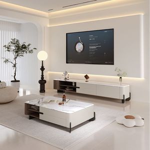 Set di <span class=keywords><strong>Tavolino</strong></span> da Caffè Rettangolare <span class=keywords><strong>Basso</strong></span> e Mobile <span class=keywords><strong>TV</strong></span> in Legno con Piano in Marmo di Lusso Moderno per Soggiorno e Camera da Letto con Cassetti, Design Unico - Product Image 3