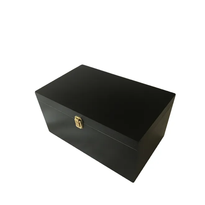 Plain Custom Big Size Black Houten Verpakking Doos Met Gouden Slot En Lade Binnenkant Van Borst Grote Zwarte Verf Houten case Met Slot