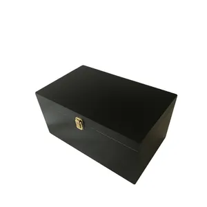 Plain Custom Big Size Black Wooden Packaging Box with Gold Lock and Tray inside of Chest Large black paint wooden case with lock
