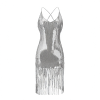 Robe de danse jazz longue pour femme avec franges à sequins et col halter en nylon/coton épais, tenue de fête
