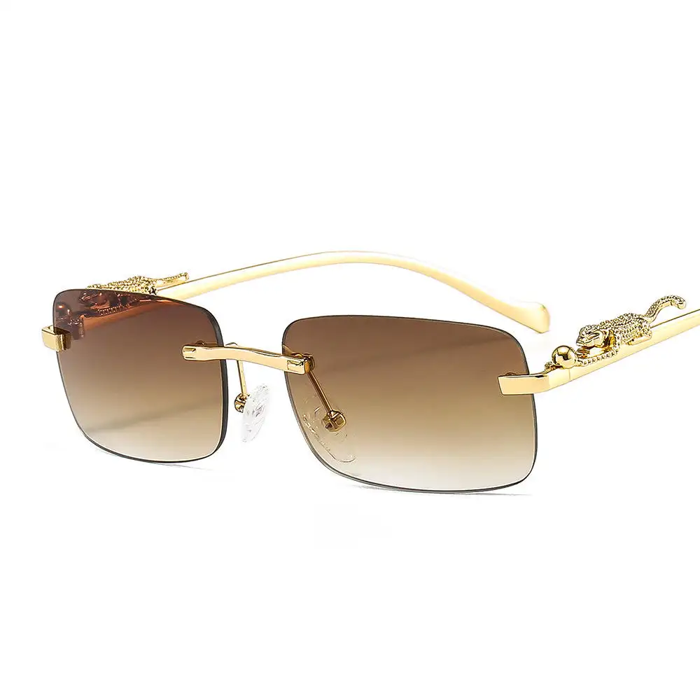 Vintage Rectangle Leopard Decoration Rimless Sunglasses Men Brand Design Metal Eyewear Luxury Women Shades Sun Glasses