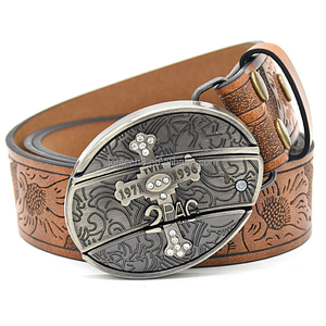 Ceinture en cuir véritable pour homme, en cuir de vachette, boucle argentée, broderie motif tournesol, style vintage, tendances individualistes, vente en gros - Product Image 5