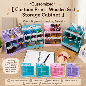 Cartoon Print Wooden Grid Three-Layer Rectangle Desk Organizer <b>Storage</b> Cabinet Multi Compartment Stationery Holder for Study - Product Image 3