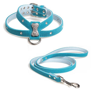 Commercio all'ingrosso di modo piccolo medio grande bling di lustro strass bone modello morbido regolabile in pelle pu pet dog harness con guinzaglio - Product Image 3
