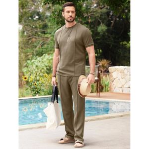 FOXA Mens 2 Piece <b>Set</b> Short Sleeve Shirt Loose Pants Summer Textured Suit Breathable Cotton <b>Knitted</b> Men's Outerwear - Product Image 5