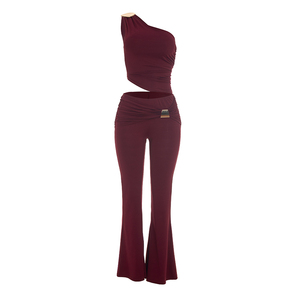 Viviblook D26ST215 Women Casual <b>Set</b> Metal Single Shoulder <b>Sexy</b> Sleeveless Asymmetrical Vest Top Flared Pants Two Piece <b>Set</b> - Product Image 5