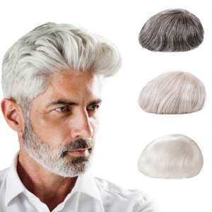 Super dünne handgemachte indische Haar perücke für Herren Weiches Toupee mit grauem PU-Haars ystem Natürliche Kapillar prothese - Product Image 1