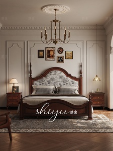 Lit double Shiyu Moll en bois massif noir, style rétro américain, colonnes romaines, 1,8 mètre, avec tête de lit capitonnée française, en bois massif américain - Product Image 4