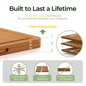 Tabla de cortar de bambú, tablas de cortar de madera duraderas para cocina con ranuras profundas para jugo y asas integradas - Product Image 4