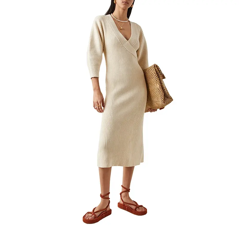 Ribbed Cotton Knit Midi Dress Elegant Ladies Long V-Neck Sweater Dress Wrap Batwing Puff Sleeves Designer Casual Dress