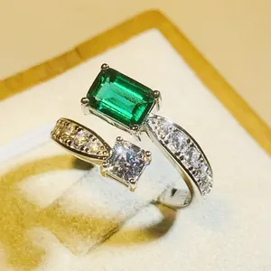 草石欧美翡翠绿色开口可调戒指自由尺寸银色锆石宝石戒指