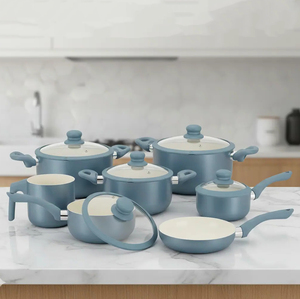 High Quality Modern Ceramic Coated Pots&<b>Pans</b> Glass <b>Lids</b> Soft touch Handles Non Stick 12-Piece Aluminium Cookware Set - Product Image 3
