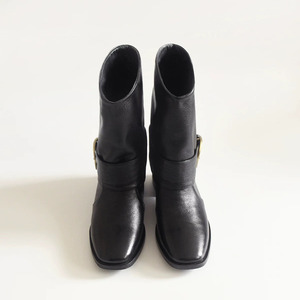 2025 nuovo francese semplice punta quadrata <span class=keywords><strong>tacco</strong></span> spesso in pelle bovina con fibbia in metallo <span class=keywords><strong>stivali</strong></span> medi pantaloni a tubo <span class=keywords><strong>stivali</strong></span> donna - Product Image 3