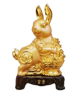 レジンウサギの置物中国の干支ウサギゴールデンレジンコレクタブル置物テーブル装飾像