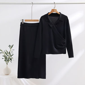 Printemps automne ensemble de pulls de couleur unie à col en V pulls à manches longues croisés et robe mi-longue ensemble de jupe deux pièces pour femmes - Product Image 5