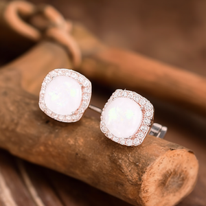 Boucles d'oreilles clous en or blanc E3302 avec opale, serti géométrique, bijoux de mode pour femme, cadeau, style romantique - Product Image 2