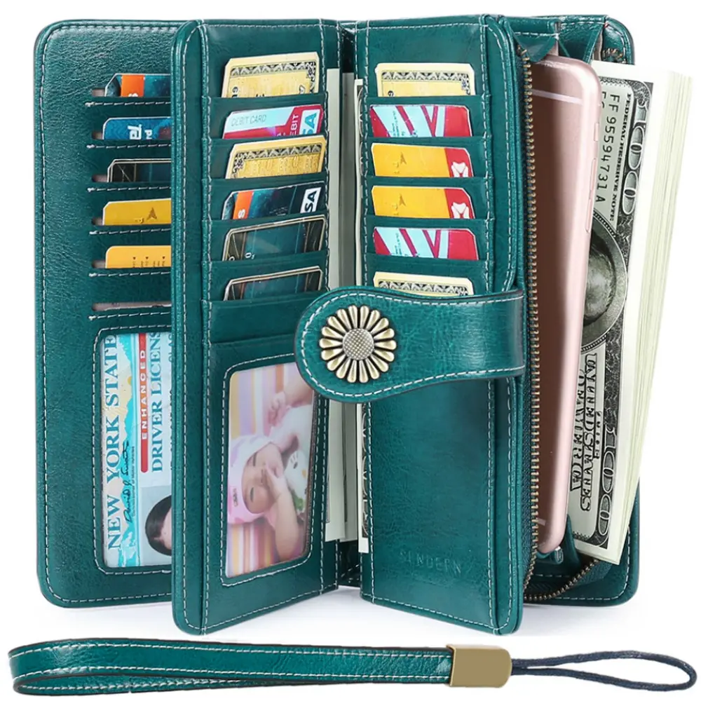 Womens RFID Blocking Large Capacity Luxury Waxed Genuine Leather Clutch Wallet Multi Card Case Purse with Zipper Pocket