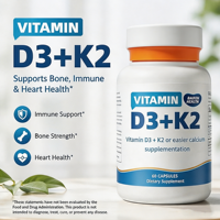 Vitamine D3 K2 en stock, 60 capsules, haute absorption, soutien au calcium, santé osseuse, amélioration de l'immunité, pour nouveau-nés, biberon, adulte, complément alimentaire quotidien