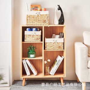 Panier de rangement rectangulaire en paille tressée avec nœud décoratif en tissu de lin pour cuisine et salle de bain - Product Image 2