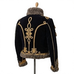 Men's Gothic Double Breasted <b>Woolen</b> Jacket With Fur Collar And Gold Embroidered Skeleton Design Winter Hussar Jacket - Product Image 5